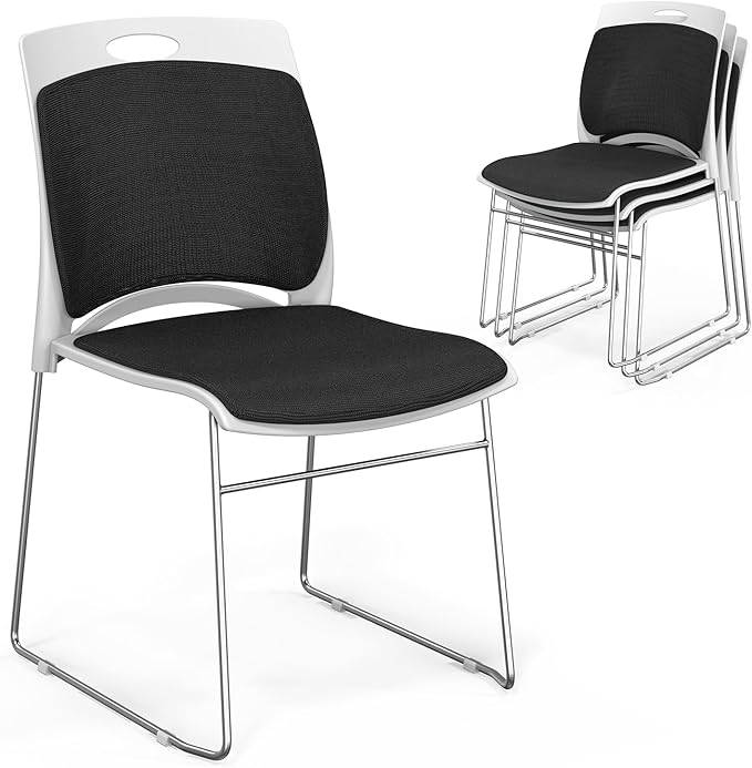 VINGLI Stackable Chairs Set of 4 Stacking Office Chairs with Metal Sled Base, Ergonomic Plastic Padded Seat & Back, Capacity 350lbs, Stacking Chairs for Waiting Room Break Room Banquet Guest, Black
