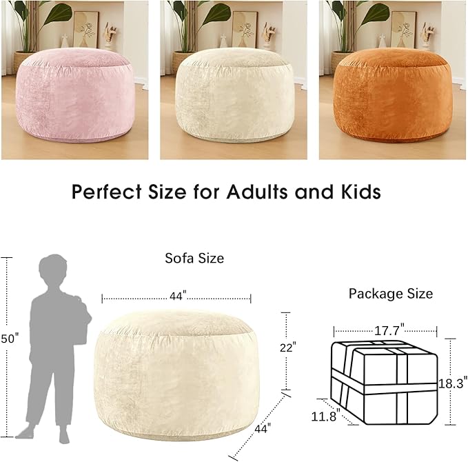 Bean Bag Chairs for Adults - Memory Foam Furniture BeanBag Chair - Kids/Teens Sofa with Soft Micro Fiber Cover - Round Fluffy Couch for Living Room Bedroom College Dorm - 4 ft, Ivory