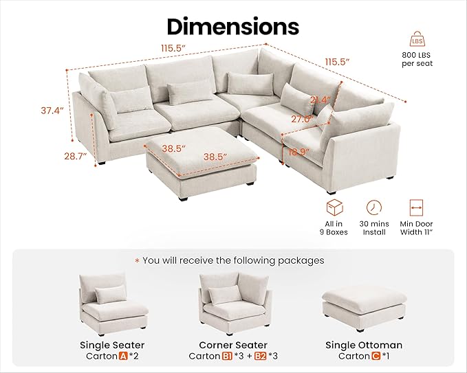 Oversized Modular Sofa, Extra Deep Cloud Chenille Sectional Couch with Ottoman Chaise, Fluffy Chenille Corner V Shape Sofa for Living Room, Villa (Corner V Shape+Ottoman, Chenille White)