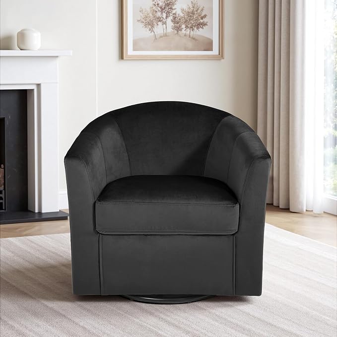 DREAMSIDEA Swivel Accent Chair, Upholstered Velvet Barrel Armchair, Modern Round Single Sofa Seating Comfy Reading Corner Chairs for Living Room Bedroom, Fully Assembled (Velvet Black, Set of 2)