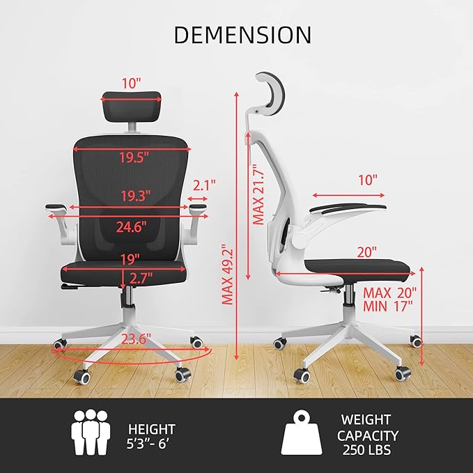 Office Chair Ergonomic Desk Chair with Lumbar Support&Headrest&Flip-up Arms Height Adjustable Rocking Swivel High Computer Chair Multi-Angle from 90° to 125° with 350LBS Capacity (03White+Black)