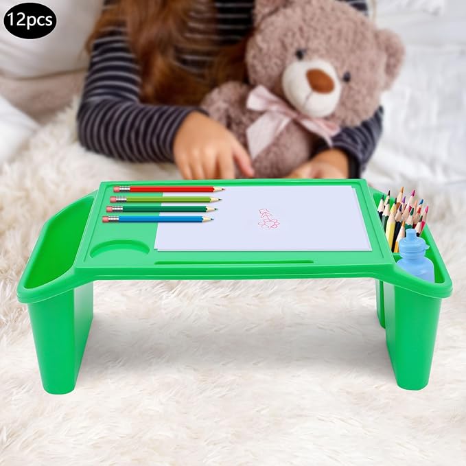 Mind Reader Kids Lap Desk, 12 PCS Kids Lap Desk Bulk Tray Lap, Portable Activity Tray with Side Storage, Stackable Plastic Desk Table for Students Drawing, Snacks, Study (Green, Small)