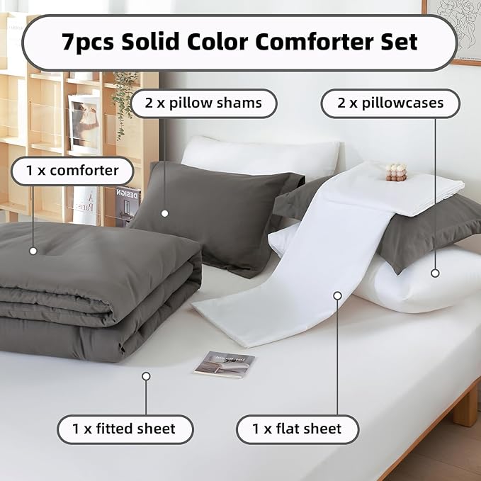 weigelia Full Size Comforter Set 7 Pieces Dark Grey Full Bed Set Full Comforter Set Soft Boho Bedding Set with Sheets, Pillowcases & Pillow Shams for Women and Men