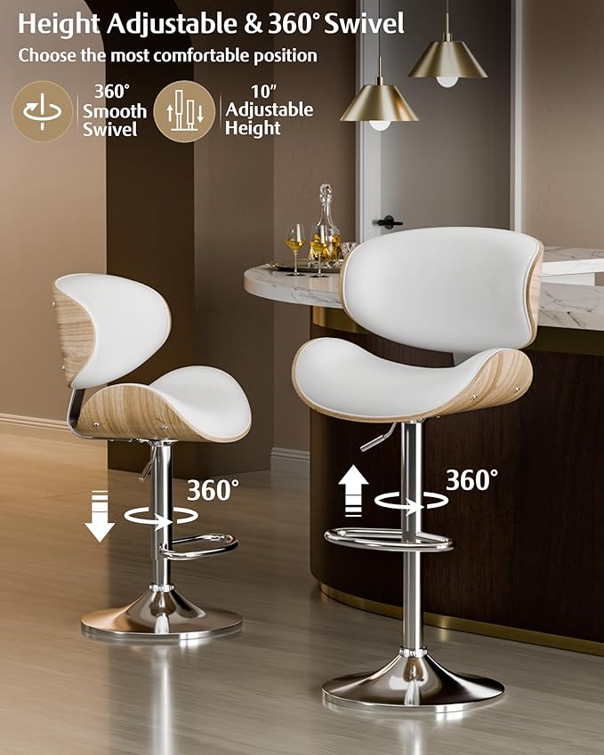 Aowos Bar Stools Set of 4, Adjustable Swivel PU Leather Bar Stools for Kitchen Island, Mid Century Modern Counter Height Barstools with Back & Footrest (Cream White)