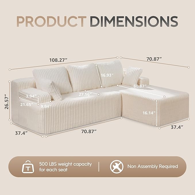 Modular Sectional Sofa Couches L-Shape Couch 3 Seat Modular Sofa Memory Foam Sectional Couches for Living Room, Cloud Couch with Oversized Chaise (White Stripe, 108" Right Facing Chaise)