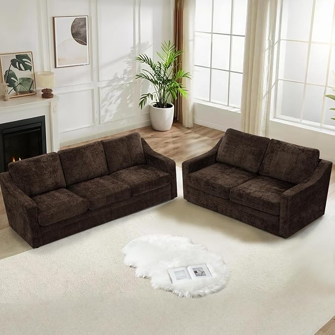 ACMEASE 2 Pieces Chenille Sofa Sets w/Comfortable Back Cushions, Modern Loveseat & Sofa w/Deep Seat Space, Upholstered 2 Seat & 3 Seats Couch Sets w/High Resiliency Foam for Living Room, Office Brown
