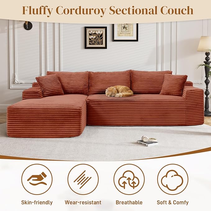 95" Boneless Cloud Sectional Couches for Living Room, Comfy Fluffy L Shaped Memory Foam Deep Seat Boneless Couch, Modular Sectional Sofa with Left Facing Chaise, Orange