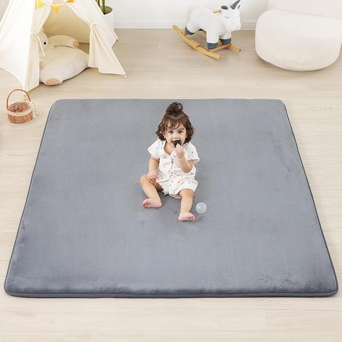 PAPAMAT 1.3" Thick Baby Floor Play Mat 59x71, Basic Padded Foam Mat for Tummy Time Crawling, Non Slip Cushioned for Babies Toddlers Infants Kids (Light Grey)
