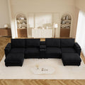153" W x 60" D U Shape Sectional Sofa with USB Charging & Cup Holder & Storage, 6 Seater Plush Corduroy Couches with Movable Ottoman, Cloud Couch Sofas for Living Room, DIY Combination - Black