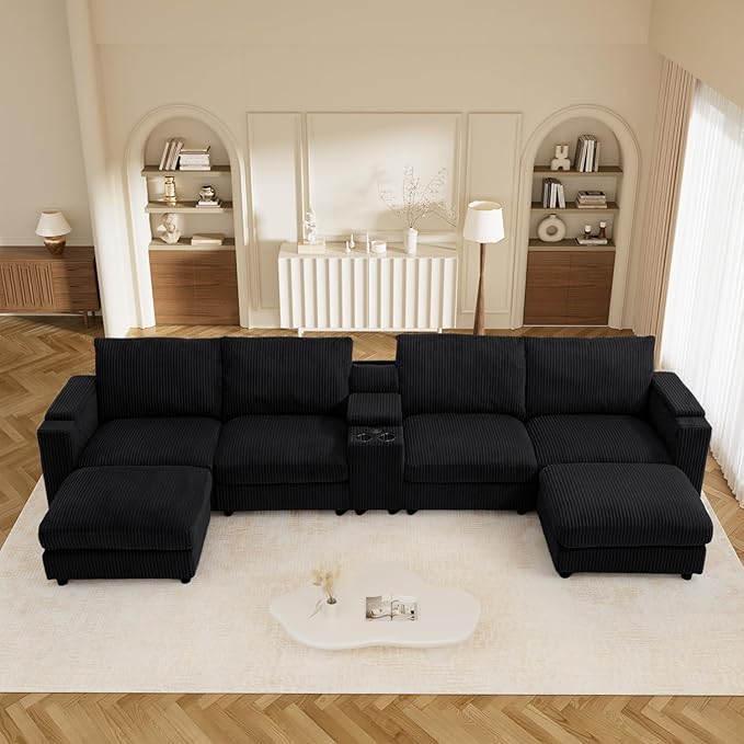 153" W x 60" D U Shape Sectional Sofa with USB Charging & Cup Holder & Storage, 6 Seater Plush Corduroy Couches with Movable Ottoman, Cloud Couch Sofas for Living Room, DIY Combination - Black