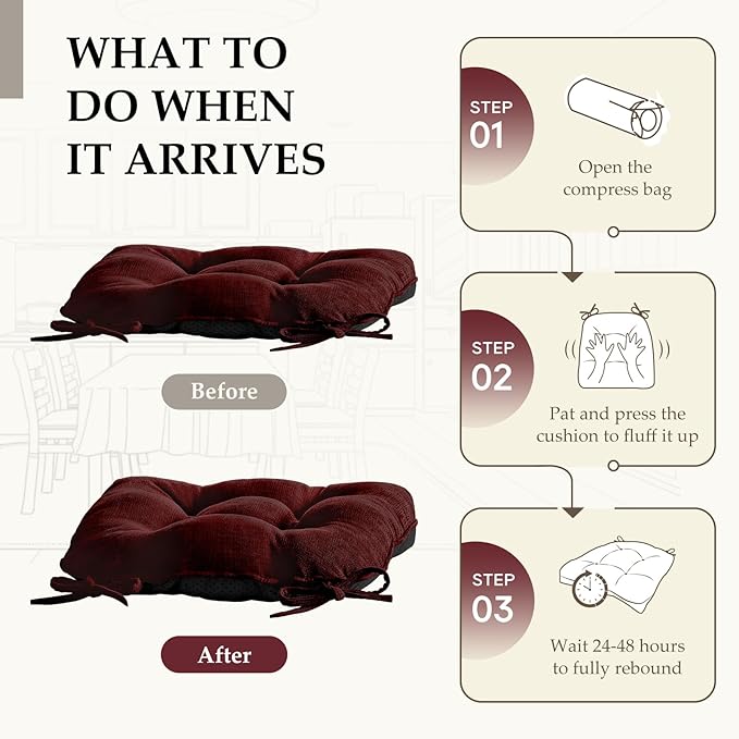 HARBOREST Chair Cushions for Dining Chairs Set of 4 - Chenille Tufted Kitchen Chair Cushions with Ties and Non-Slip Bottom, Foam Chair Pads for Dining Chairs, 17" x 17", Burgundy