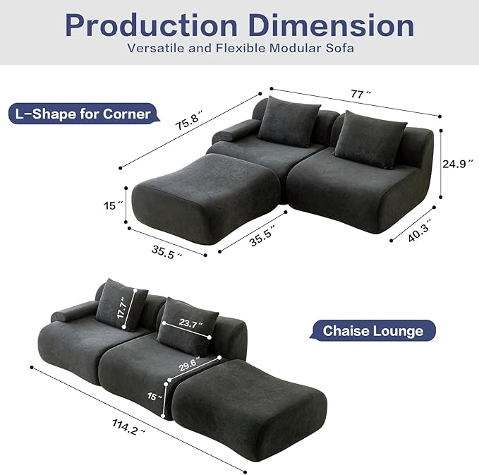 Cloud Couch Sectional,114"-Boneless Couch in a Box,Upholstered Couches for Living Room Bedroom with L-Shape Chaise,Modern Comfy Sofa-Cool Gray Couches,No Assembly Required