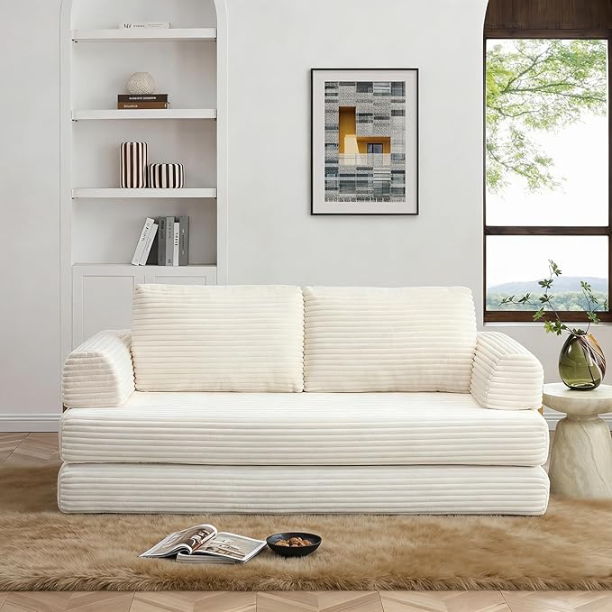 HANXIN 80 Inch Convertible Sleeper Sofa Bed, High Back Plush Corduroy Folding Floor Mattress Couch with Fixed-Shape Frame, Boneless Futon Loveseat with Pull Out Bed (Beige, 80" Loveseat Sofa Bed)