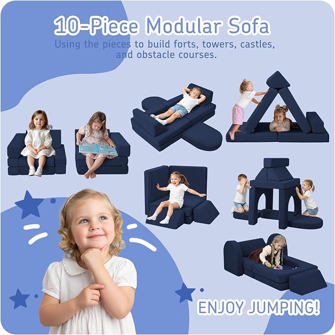 MeMoreCool Kids Modular Play Couch – 10-Piece Navy Foam Sofa Set, Convertible Playroom Furniture | Fold-Out Toddler Bed | Safe, Washable & Imaginative Design