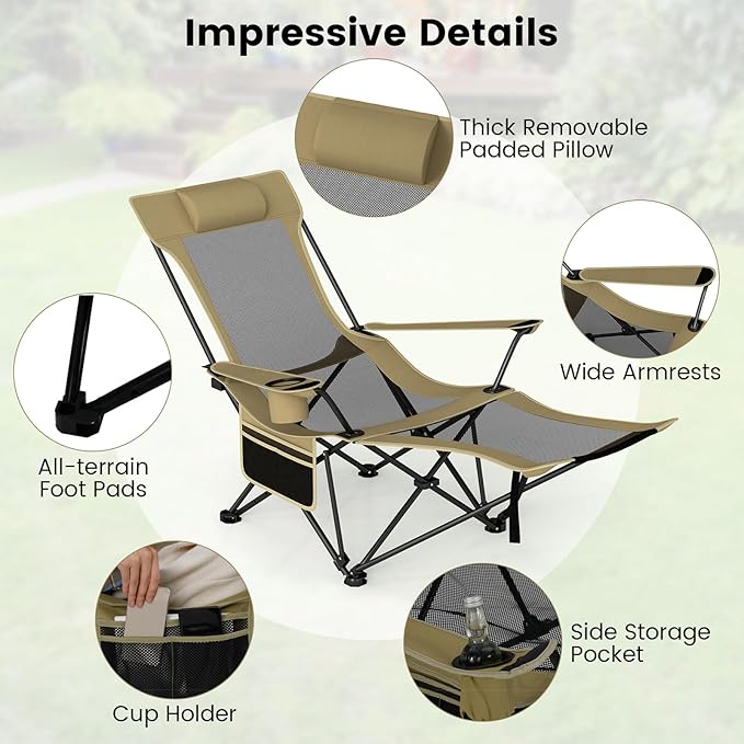 GYMAX Reclining Camping Chairs with Footrest, Lightweight Foldable Camping Chairs with Cup Holders, Adjustable Backrest, Headrest, Heavy Duty Camp Chair for Adult Outdoor Fishing Beach (Khaki,1)