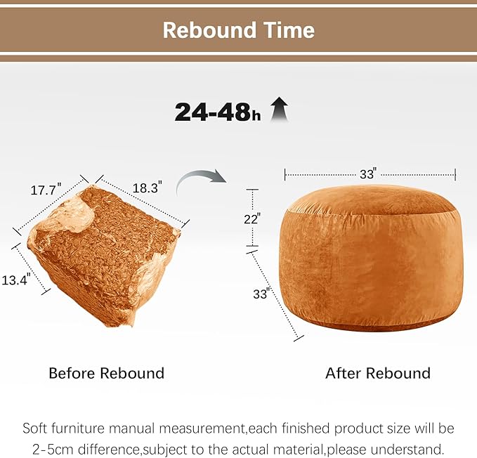 Bean Bag Chairs for Adults - Memory Foam Furniture BeanBag Chair - Kids/Teens Sofa with Soft Micro Fiber Cover - Round Fluffy Couch for Living Room Bedroom College Dorm - 3 ft, Golden Brown