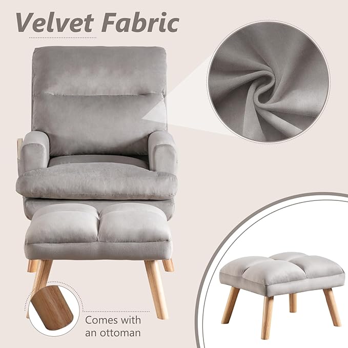 IOMOR Accent Chair with Ottoman, Velvet Fabric Chair Armchair with Adjustable Backrest and Side Pockets, Mid Century Arm Chair with Ottoman for Living Room, Bedroom, Teen Room, Light Grey