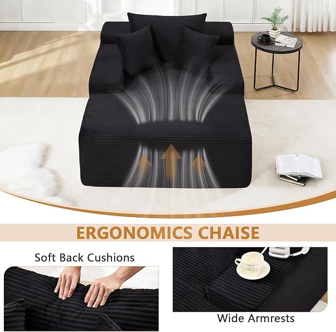 67.3'' Oversized Chaise Lounge Chair Indoor,Corduroy Boneless Couch with 3 Pillows Wide Armrest,Comfy Cloud Couch Sleeper Sofa Reading Chairs for Living Room Bedroom,No Assembly Required (Black)