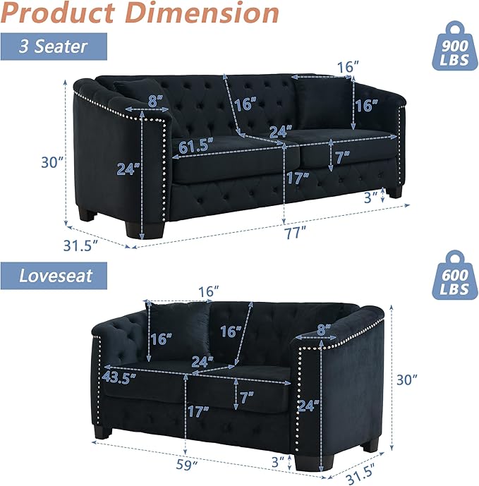 mikibama Luxury 2 Piece Chesterfield Velvet Sofa Set for Living Room, Modern Decor Furniture Sectional Sofa, 3 Seater & Loveseat Upholstered Tufted Couch for Apartment, Office, Hall(Black)