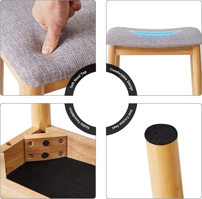 IBUYKE Saddle Cushion Vanity Stool Chair, Foot Rest Stool with Solid Wood Legs, Modern Vanity Bench Ottoman for Piano, Upholstered Seat for Bedroom, Entryway, Wooden Legs&Light Linen WBD007NY