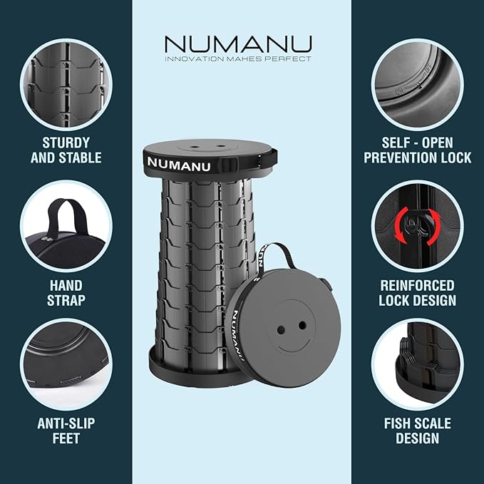 NUMANU Old-Gen Collapsible Stool, Max 400lbs, Adjustable Portable Folding Stool for Adults, Retractable Foldable Telescopic Seat Camping Chair or Footrest (1PK Old)