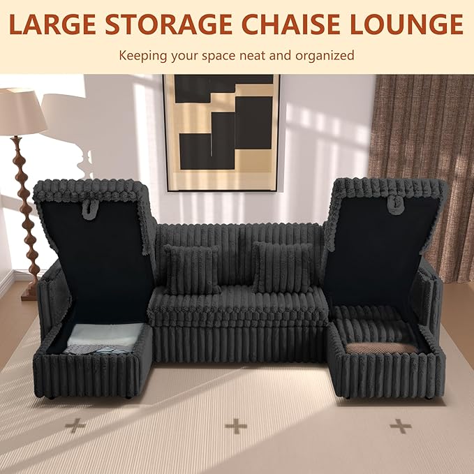 107" Sectional Sleeper Sofa with Pull Out Bed, Comfy Fluffy Plush Corduroy Cloud Sectional Couches for Living Room, U Shaped Modular Couch with Storage Chaise, Cup Holder & USB Charger, Black