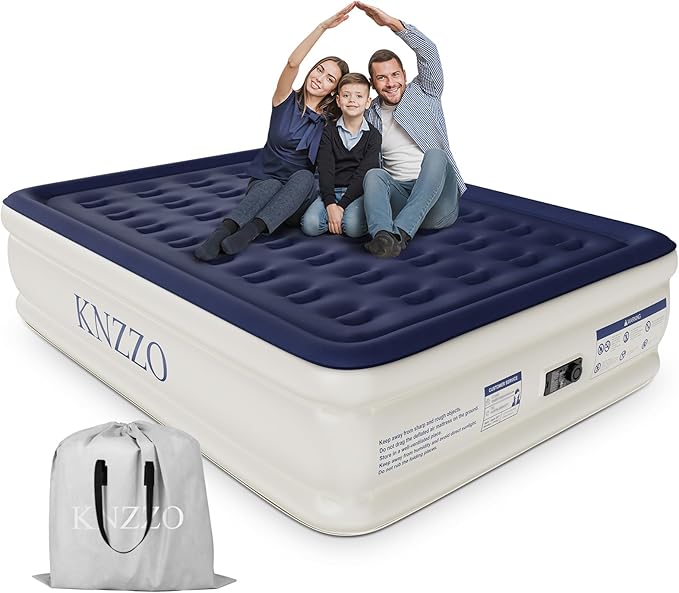 Air Mattress Queen with Built-in Pump, Blow Up Mattress with Soft Flocked Top, Leakproof Inflatable Mattress, Foldable Waterproof Air Bed for Home, Guests, Camping, with Storage Bag