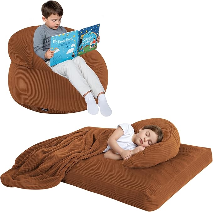 COMAX Bean Bag Chair for Kids, Convertible Toddler Beanbag Bed Corduroy, Children Bean Chair Stuffed to Floor Mattress with Filler, Orange