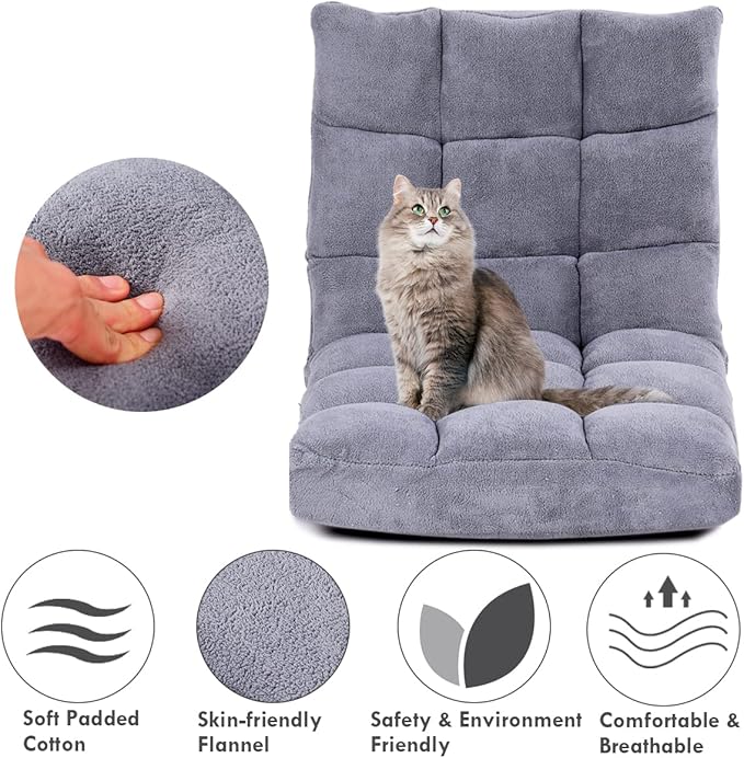Giantex Floor Chairs for Adults - Floor Gaming Chair with Back Support, Coral Velvet, 14 Adjustable Position, Thick Sponge Padding, Floor Seating Lounge for Reading, Watching TV, Meditation (Grey)