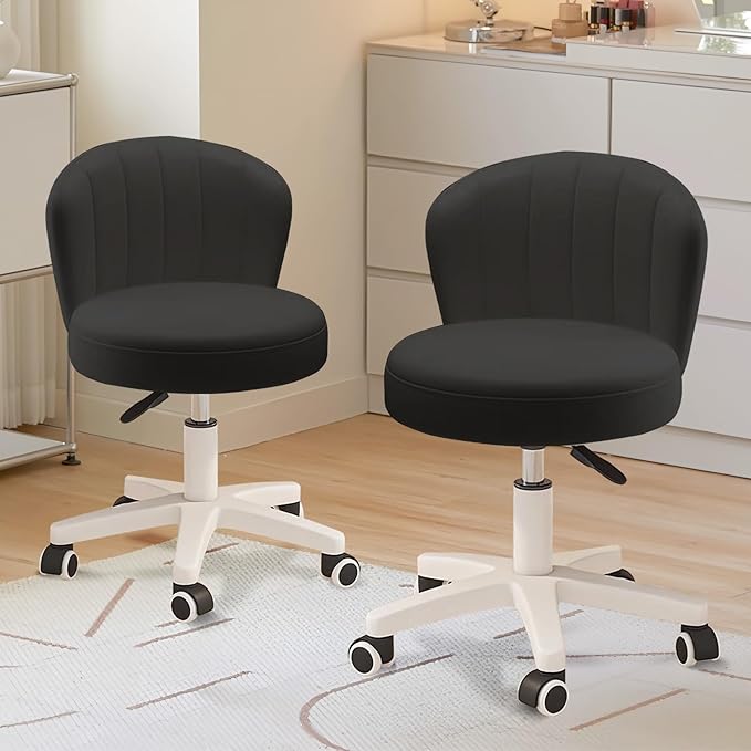 HDHNBA Small Desk Chair Round Rolling Chair with Back PU Leather Height Adjustable Swivel Vanity Work Computer Stool Chair for Home Office Bedroom, Set of 2
