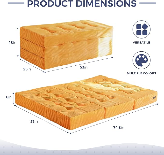 MAXYOYO Tri-Fold Mattress, 6 Inch Tufted Folding Futon Foam Bed, Foldable Floor Mattress Guest Bed Futon Topper Portable Camping Sleeping with Corded Fabric, Orange, 53"x75"