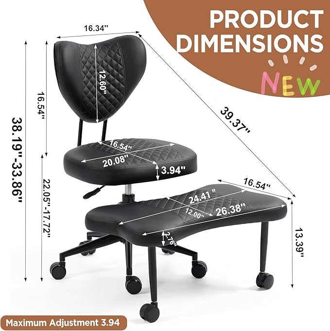 Meditation Chair with Lumbar Support, Ergonomic Floor Sitting Chair Adjustable Height, Cross Legged Chair for Office, Yoga & Mindfulness, Cushioned Seat with Wheels (Black)