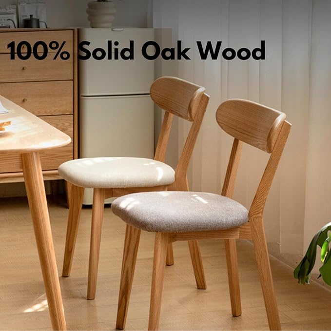 Grewood 100% Solid Oak Wood Dining Chairs,Mid Century Modern Dining Chairs with Upholstered Cushion,Kitchen,Dining Room Chairs Set of 2 (2, Original Color White Upholstery)