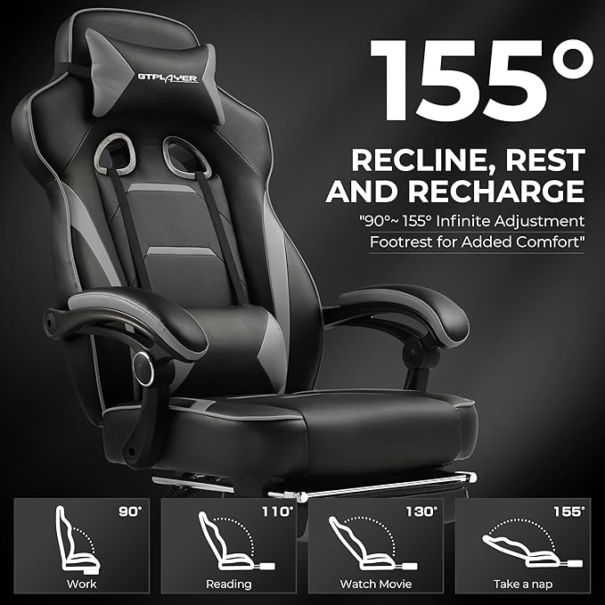 GTPLAYER Gaming Chair with Footrest, Big and Tall Computer Game Chair 350lb Racing Style, Ergonomic High Back Lumbar Support and Recliner, Moon Gray