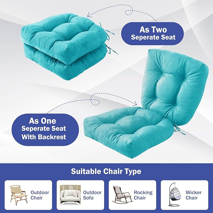 IPYNBAP Outdoor Chair Cushions Set of 4, Patio Chair Cushions with Ties, 19x19+5” Tufted Outdoor Seat Cushions, Waterproof Patio Furniture Cushions, Outdoor Dining Chair Pads, Teal