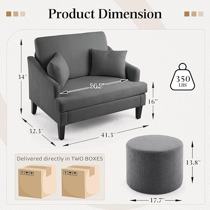 Bezseller Oversized Accent Chair with Ottoman - 33.5'' Wide Seat Comfy Armchair with 2 Pillows, Upholstered Big Reading Chair, Modern Single Sofa for Living Room Bedroom Office, Dark Grey/Grey