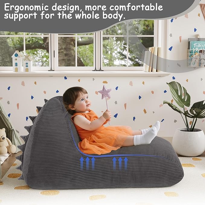 COMAX Bean Bag Chairs for Kids, Dinosaur Kid Beanbag Chair with Filler, Toddler Lounge Bean Chair Corduroy, Lazy Floor Lounger for Girls and Boys Stuffed, Grey