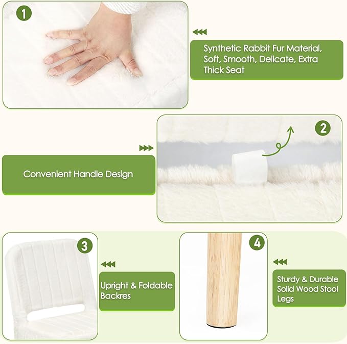 Vanity Stool Chair with Storage and Folding Backrest, White Soft Faux Rabbit Fur Upholstered Footstool, 4 Solid Wood Legs with Anti-Slip-Scratch Foot Pads, Furry Padded Seat for Makeup, Bedroom