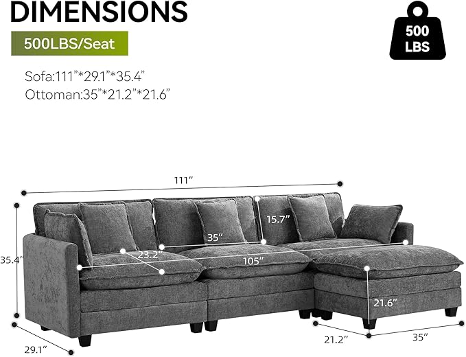 UMBFUN 3-Seater Cloud Couch with Ottoman, Oversized Comfy Modular Sectional L Shaped Sofa with Deep Seats, Chenille Couch for Living Room, Grey