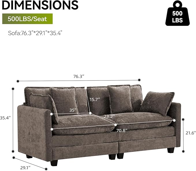 UMBFUN 2-Seater Cloud Couch, Oversized Comfy Modular Sectional Sofa with Deep Seat Cushions, Chenille Loveseat for Living Room, Apartment & Small Spaces, Brown