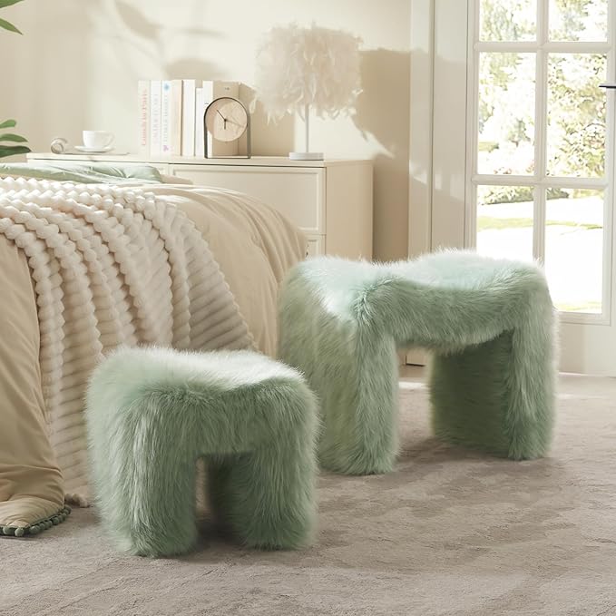Ottoman Set of 2 Small Footstool Ottoman Vanity Stool Chair Faux Fur Seating Backless Modern Foot Rest Furry for Makeup Room Living Room Bedroom Entryway,Green(2-in-1)