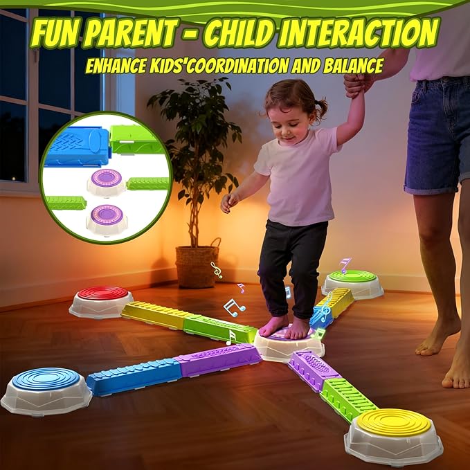 HYES Light Up Stepping Stones & Balance Beams for Kids - 13 PCS Set with Piano Music, Game Spinner & 30 Cards, Sensory Jumping Toys for Toddler, Birthday Gift for Boys Girls Ages 3-5