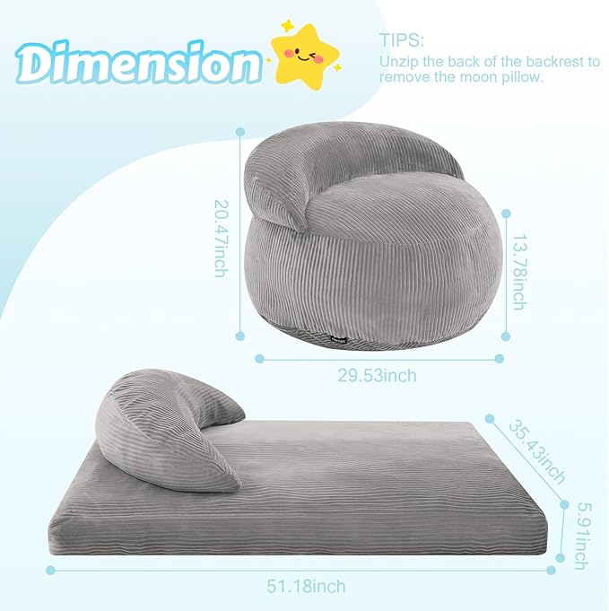 COMAX Bean Bag Chair for Kids, Convertible Toddler Beanbag Bed Corduroy, Children Bean Chair Stuffed to Floor Mattress with Filler, Light Grey