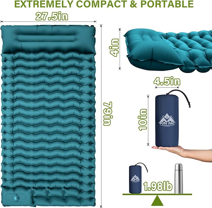 FUN PAC Camping Sleeping Pad, Ultralight Camping Pad with Pillow Built-in Foot Pump Inflatable Sleeping Mat Compact for Camping Backpacking Hiking Traveling-Green