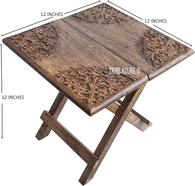 Small Altar Table for Meditation, Puja, Wiccan, Buddhist Practices - Wooden Low Side Table, Japanese Tea Table, Folding Dragon Design With Floral Pattern