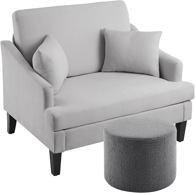 Bezseller Oversized Accent Chair with Ottoman - 33.5'' Wide Seat Comfy Armchair and 2 Pillows, Upholstered Big Reading Chair, Modern Single Sofa Chair for Living Room Bedroom Office, Grey/Grey