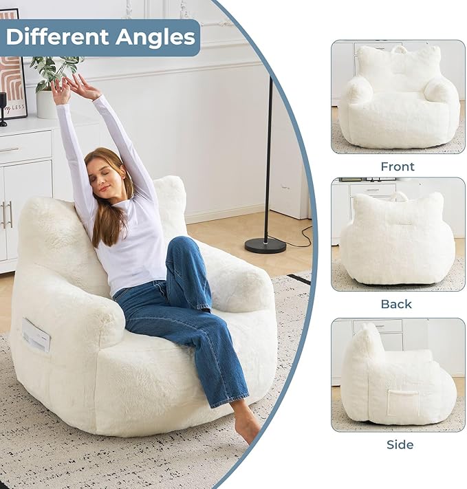 Giant Bean Bag Chair for Adults, Oversized Bean Bag with Filling Plush Fluffy,BeanBag Lazy Sofa Couch with Armrest for Living Room, Cat Shaped Beanbag Couch with Sidepocket for Bedroom,Beige