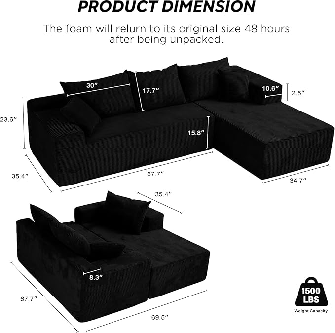 Sectional Cloud Boneless Couch for Living Room Bedroom, Comfy Modern L Shaped Modular Sofa with Right Chaise, Deep Seat Upholstered Memory Foam Couch in Box, No Assembly (Fine Striped Corduroy, Black)