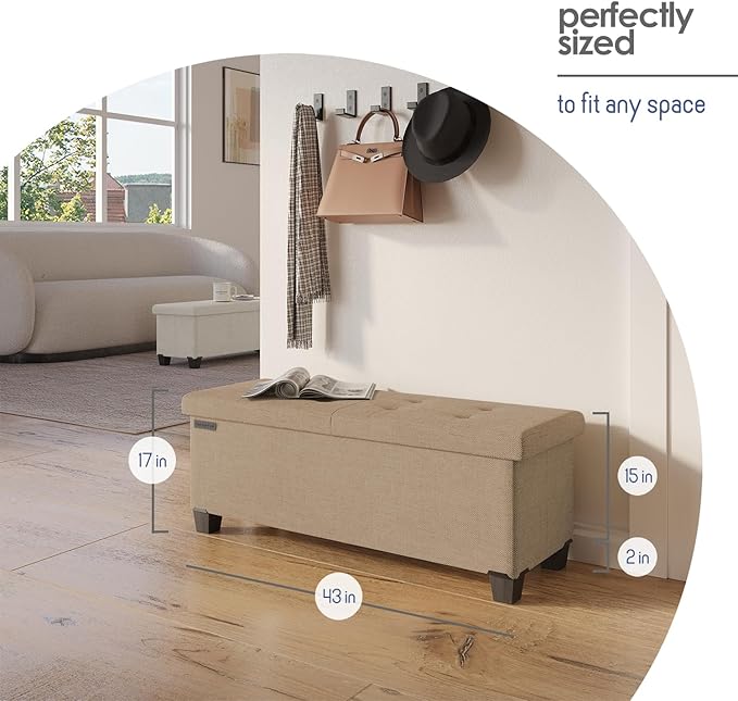 STORAGEBUD Storage Ottoman Bench with Bins, 43-in Storage Bench for Bedroom End of Bed, Folding Foot Rest Ottoman for Living Room Max 660lbs, Fabric Ottomans, Taupe