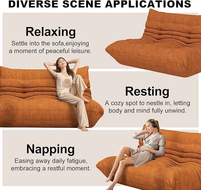 Full Foam Loveseat Sofa,Adults Bean Bag Chairs Floor Couch with Soft Waterproof Fabric,Armless Fireside Lounge Chair for Living Room,Apartment and Office (DarkOrange)